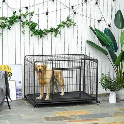 Heavy Duty Foldable Dog Crate with Double Doors, Removable Tray & Lockable Wheels 125x76x81cm - Dark Grey