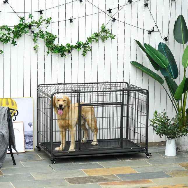Heavy Duty Foldable Dog Crate with Double Doors, Removable Tray & Lockable Wheels 125x76x81cm - Dark Grey