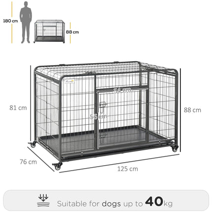 Heavy Duty Foldable Dog Crate with Double Doors, Removable Tray & Lockable Wheels 125x76x81cm - Dark Grey