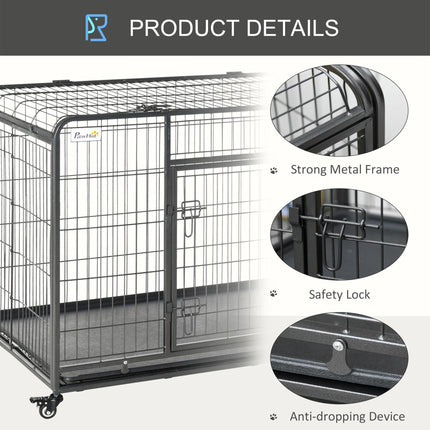 Heavy Duty Foldable Dog Crate with Double Doors, Removable Tray & Lockable Wheels 125x76x81cm - Dark Grey