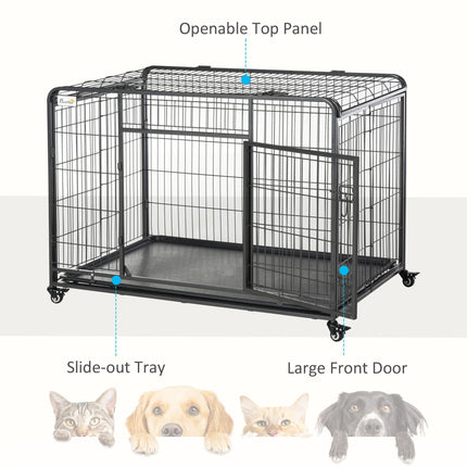 Heavy Duty Foldable Dog Crate with Double Doors, Removable Tray & Lockable Wheels 125x76x81cm - Dark Grey