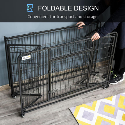 Heavy Duty Foldable Dog Crate with Double Doors, Removable Tray & Lockable Wheels 125x76x81cm - Dark Grey