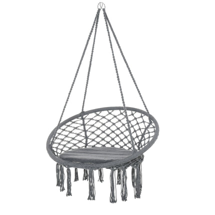 Macrame Hanging Chair Swing with Backrest and Fringe Tassels Cotton-Polyester Blend - Grey