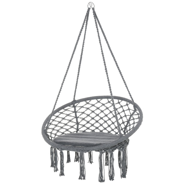 Macrame Hanging Chair Swing with Backrest and Fringe Tassels Cotton-Polyester Blend - Grey