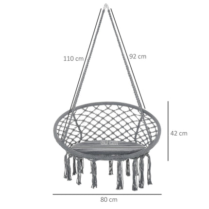 Macrame Hanging Chair Swing with Backrest and Fringe Tassels Cotton-Polyester Blend - Grey