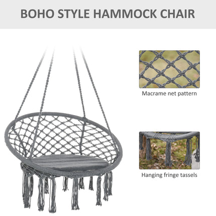 Macrame Hanging Chair Swing with Backrest and Fringe Tassels Cotton-Polyester Blend - Grey