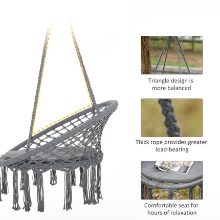 Macrame Hanging Chair Swing with Backrest and Fringe Tassels Cotton-Polyester Blend - Grey