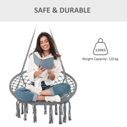 Macrame Hanging Chair Swing with Backrest and Fringe Tassels Cotton-Polyester Blend - Grey