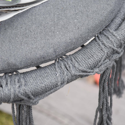 Macrame Hanging Chair Swing with Backrest and Fringe Tassels Cotton-Polyester Blend - Grey
