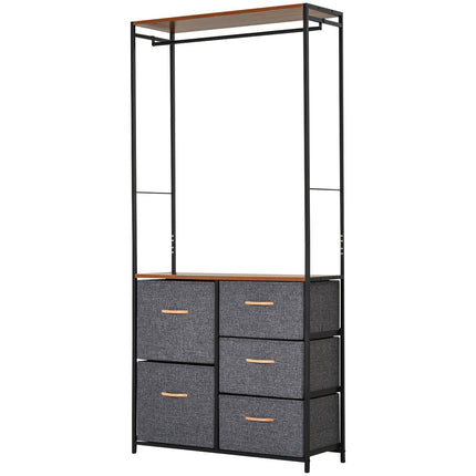 Chest of Drawers with Coat Rack Steel Frame 5 Drawers Bedroom Hallway Storage - Black Brown