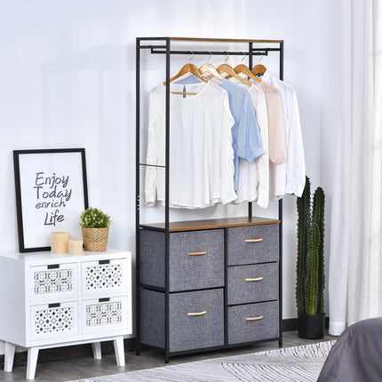 Chest of Drawers with Coat Rack Steel Frame 5 Drawers Bedroom Hallway Storage - Black Brown