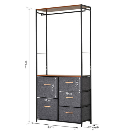 Chest of Drawers with Coat Rack Steel Frame 5 Drawers Bedroom Hallway Storage - Black Brown