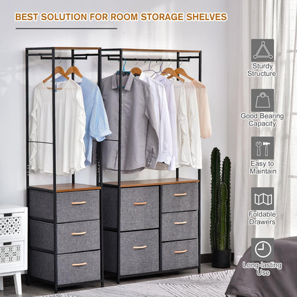 Chest of Drawers with Coat Rack Steel Frame 5 Drawers Bedroom Hallway Storage - Black Brown