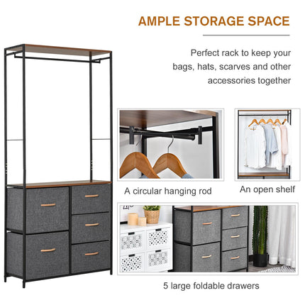 Chest of Drawers with Coat Rack Steel Frame 5 Drawers Bedroom Hallway Storage - Black Brown