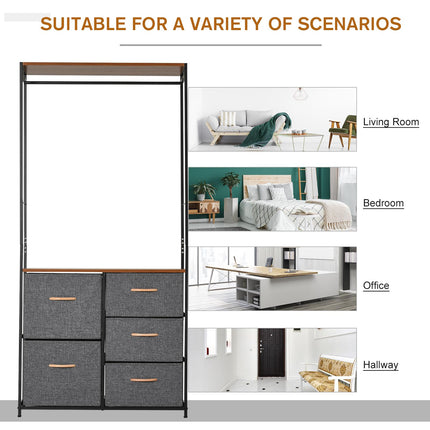 Chest of Drawers with Coat Rack Steel Frame 5 Drawers Bedroom Hallway Storage - Black Brown