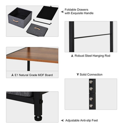 Chest of Drawers with Coat Rack Steel Frame 5 Drawers Bedroom Hallway Storage - Black Brown
