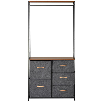 Chest of Drawers with Coat Rack Steel Frame 5 Drawers Bedroom Hallway Storage - Black Brown