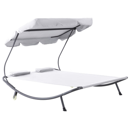 Double Patio Hammock Sun Lounger Bed with Canopy and Pillows - White