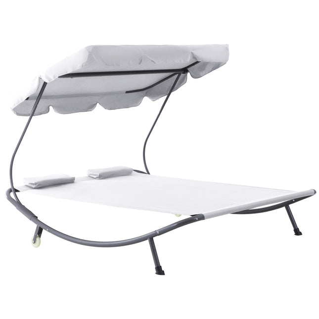 Double Patio Hammock Sun Lounger Bed with Canopy and Pillows - White