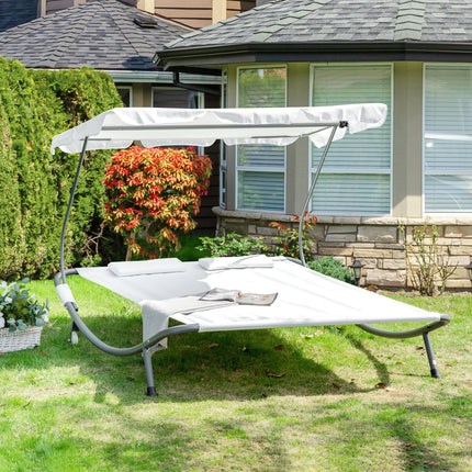 Double Patio Hammock Sun Lounger Bed with Canopy and Pillows - White