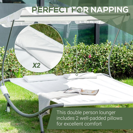 Double Patio Hammock Sun Lounger Bed with Canopy and Pillows - White