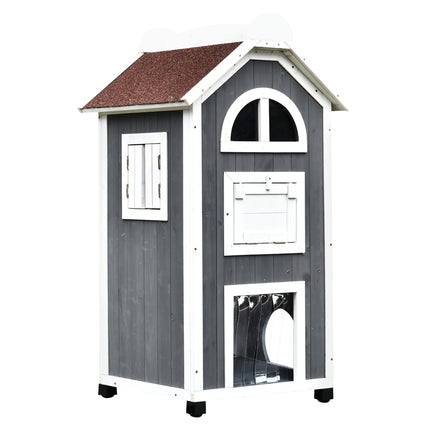 Wooden Outdoor Cat House with 2 Floors and Weatherproof Roof - Grey and White