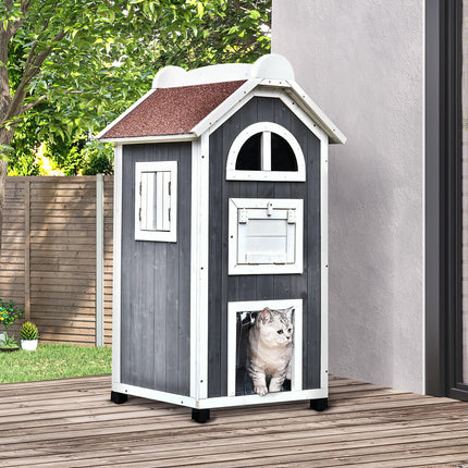 Wooden Outdoor Cat House with 2 Floors and Weatherproof Roof - Grey and White