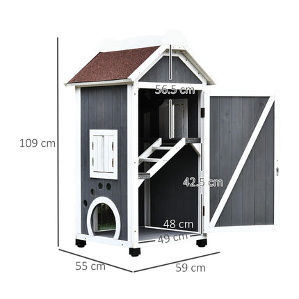 Wooden Outdoor Cat House with 2 Floors and Weatherproof Roof - Grey and White