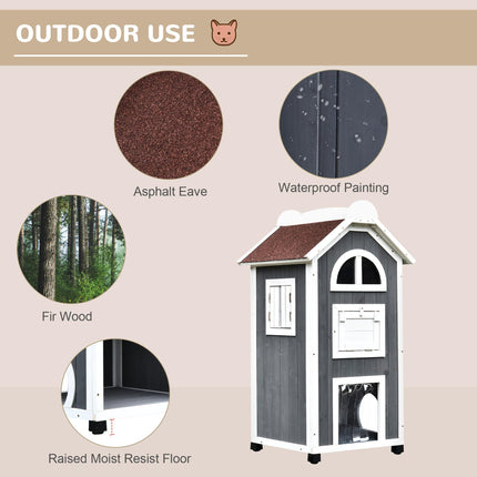 Wooden Outdoor Cat House with 2 Floors and Weatherproof Roof - Grey and White