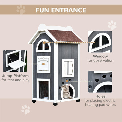 Wooden Outdoor Cat House with 2 Floors and Weatherproof Roof - Grey and White