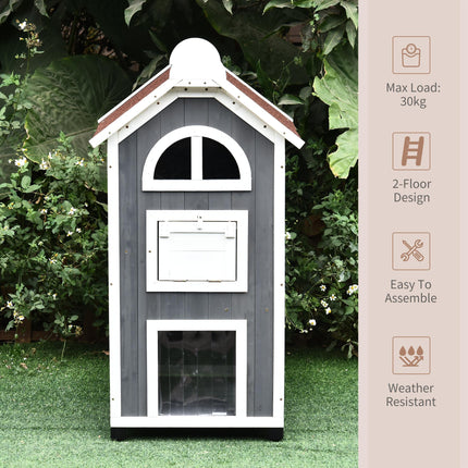 Wooden Outdoor Cat House with 2 Floors and Weatherproof Roof - Grey and White