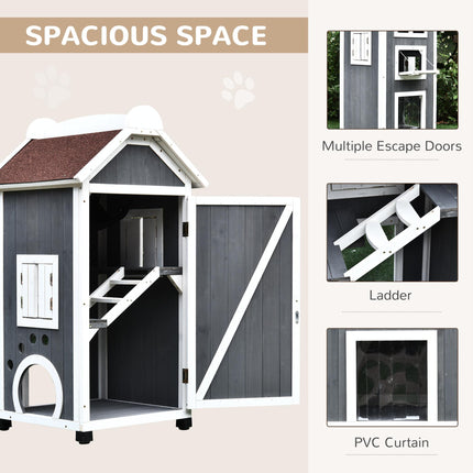 Wooden Outdoor Cat House with 2 Floors and Weatherproof Roof - Grey and White