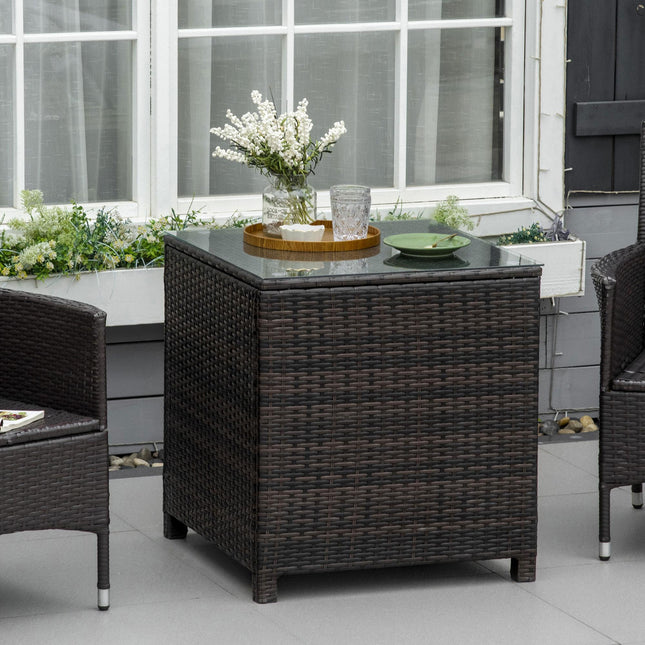 Rattan Garden Side Table with Tempered Glass Top 64x64x68cm - Brown
