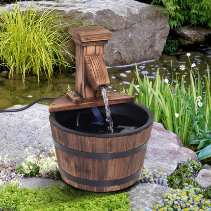 Wood Barrel Electric Patio Water Fountain Pump - Carbonized Wood