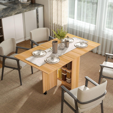 Folding Dining Table, Drop Leaf Table for Small Spaces, Foldable Rectangular Tabletop with Storage Shelves for Kitchen, Dining Room, Teak