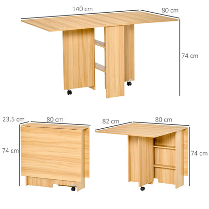 Folding Dining Table, Drop Leaf Table for Small Spaces, Foldable Rectangular Tabletop with Storage Shelves for Kitchen, Dining Room, Teak