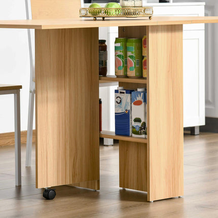 Folding Dining Table, Drop Leaf Table for Small Spaces, Foldable Rectangular Tabletop with Storage Shelves for Kitchen, Dining Room, Teak