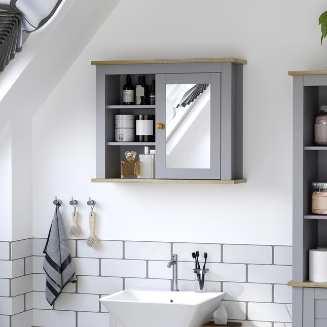 Bathroom Wall Mirror Storage Cabinet with Adjustable Shelves - Grey