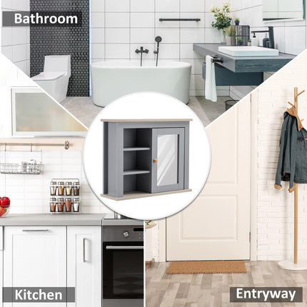 Bathroom Wall Mirror Storage Cabinet with Adjustable Shelves - Grey