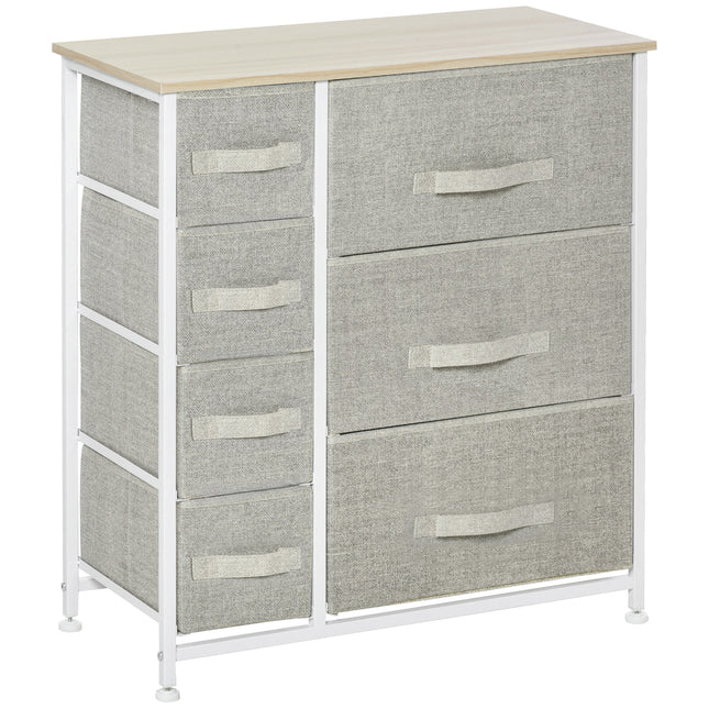 Vertical 7 Linen Drawer Cabinet Organizer Tower with Metal Frame and Adjustable Feet - White, Oak, Light Grey