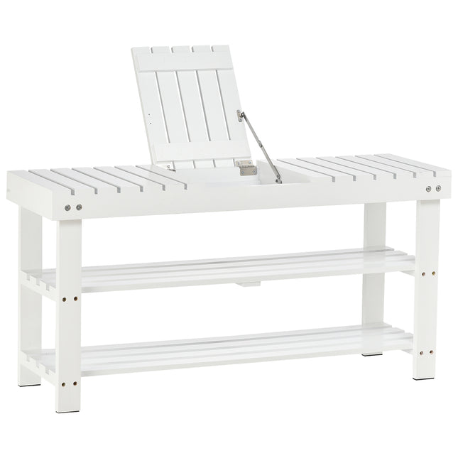 Shoe Bench, 3-Tier Wooden Shoe Rack with Hidden Storage Compartment, Slatted She
