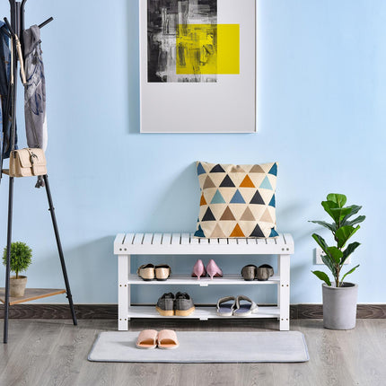 Shoe Bench, 3-Tier Wooden Shoe Rack with Hidden Storage Compartment, Slatted She