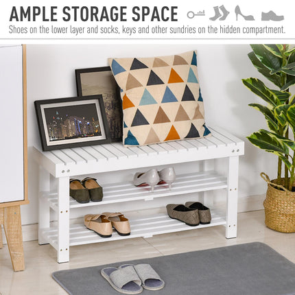Shoe Bench, 3-Tier Wooden Shoe Rack with Hidden Storage Compartment, Slatted She