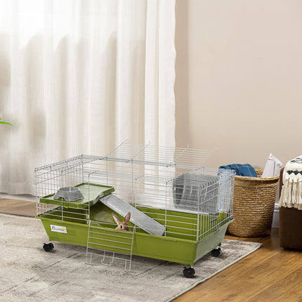 35" Small Animal Cage with Platform, Ramp, Food Dish, Wheels & Water Bottle for Chinchilla, Guinea Pig, Ferret - Green