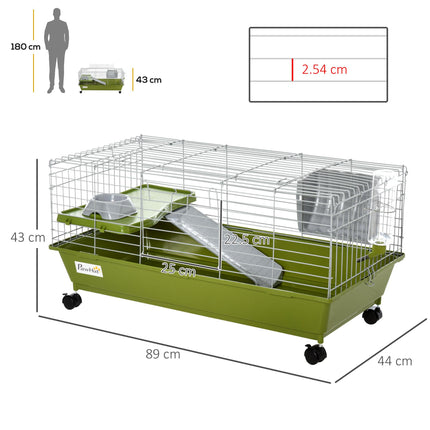 35" Small Animal Cage with Platform, Ramp, Food Dish, Wheels & Water Bottle for Chinchilla, Guinea Pig, Ferret - Green