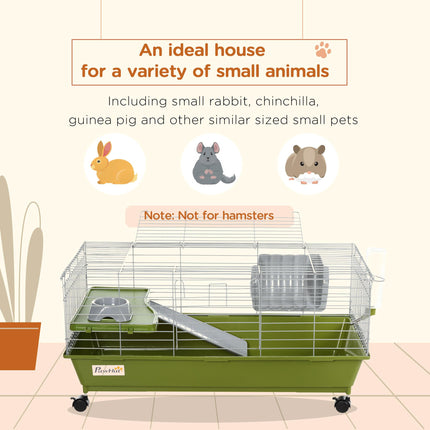 35" Small Animal Cage with Platform, Ramp, Food Dish, Wheels & Water Bottle for Chinchilla, Guinea Pig, Ferret - Green