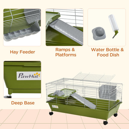 35" Small Animal Cage with Platform, Ramp, Food Dish, Wheels & Water Bottle for Chinchilla, Guinea Pig, Ferret - Green