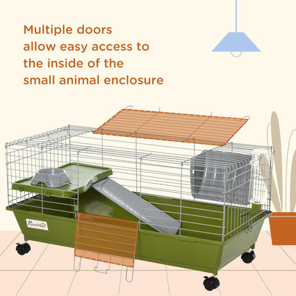 35" Small Animal Cage with Platform, Ramp, Food Dish, Wheels & Water Bottle for Chinchilla, Guinea Pig, Ferret - Green