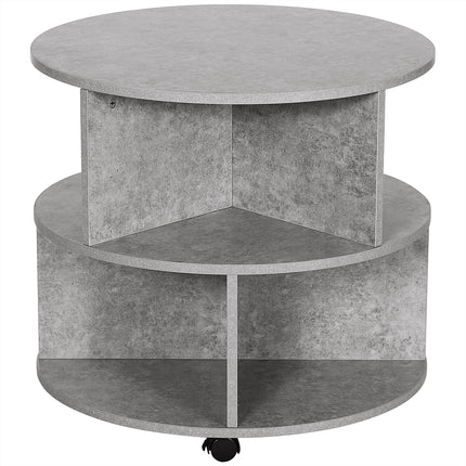 2 Tier Round Side End Table with Divided Shelves and Wheels - Cement