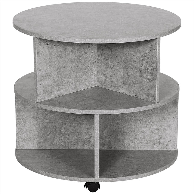2 Tier Round Side End Table with Divided Shelves and Wheels - Cement